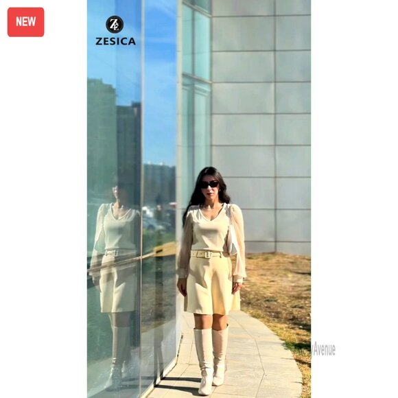 Mesh Puff Long Sleeve V-Neck Ribbed Knit Blouse Slim Fit T-Shirt - Picture 7 of 7